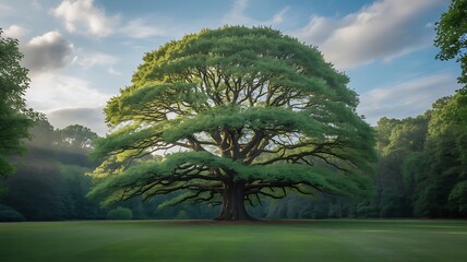 Majestic oak tree in lush green meadow beneath a cloudy blue sky evoking peace and serenity.