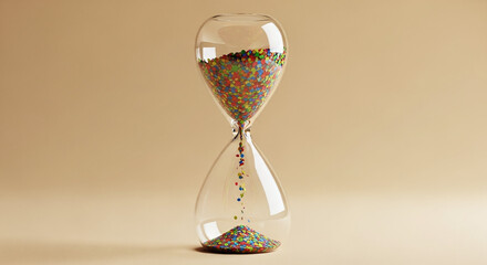 A creative photo of an hourglass filled with colorful sand on a soft beige background — representing time, patience, and creativity.