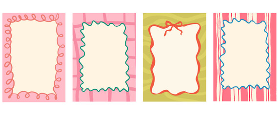 A set of vertical card templates in a cute hand-drawn style,  vintage frames, and striped or checkered patterns. Ideal for invitations and social media stories. Vector  on a white background