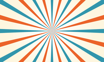 retro starburst sunburst background pattern and grunge textured vintage color palette of orange, red, beige, peach, and blue in spiral or swirled radial striped vector design