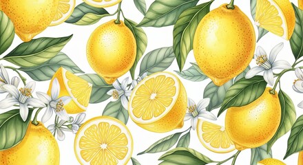 A seamless pattern of lemons with leaves and flowers on a white background, vibrant and fresh look