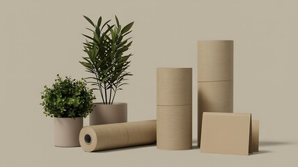 Minimalist composition featuring plants, kraft paper rolls, packaging, and cardboard on a neutral backdrop for eco-friendly design
