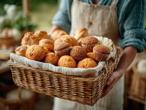 a person wearing an apron is holding a basket filled with various types of baked goods, including croissants and muffins, in a kitchen setting.