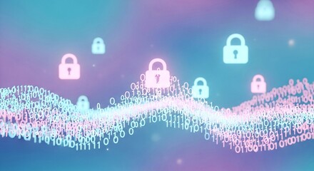 Digital Security and Data Protection with Padlock Icons Floating over Binary Code in a Modern Pastel Color Scheme for Cyber Safety