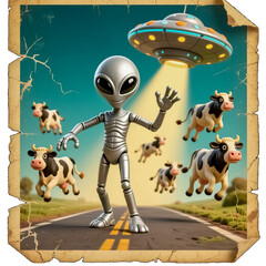 宇宙人が地球で牛をさらおうとＵＦＯに吸い込む様子を描いたポスター風イラスト