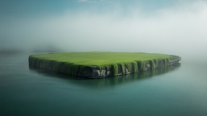 Mystical floating island landscape with lush green grass surrounded by misty waters in a serene and peaceful environment.