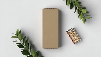 Overhead view of a rectangular cardboard box next to a matchbox with botanical elements on a bright surface