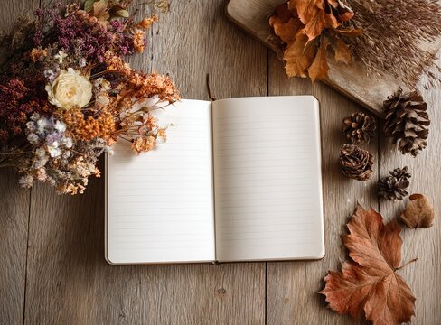 Cozy autumn flat lay showcases a blank notebook page ready for creative ideas, journaling, or planning, bathed in warm, inviting seasonal light, perfect for seasonal inspiration and planning.