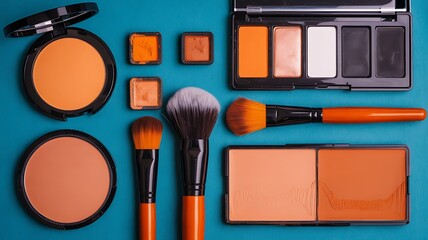 Professional makeup products arranged neatly on a vibrant blue surface showing various cosmetics tools