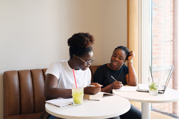 Two young women studying and working together in a modern cafe, writing notes, using laptop and drinking lemonade. Concept of education, teamwork and communication with copy space.