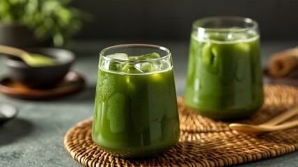 Refreshing iced matcha latte drink in clear glasses on a woven mat healthy beverage concept