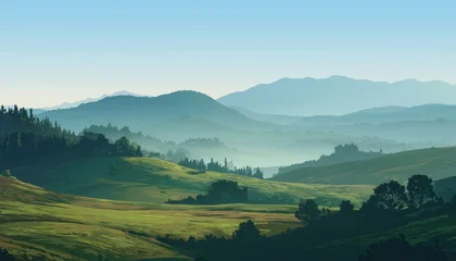 Tableau sur plexiglas Prairie, marais Scenic Beauty: Green Meadows, Fields, Trees, And Mountains In A Stunning Landscape. Picturesque Mountains, Forests, And Meadows Under The Sun  © Liliia
