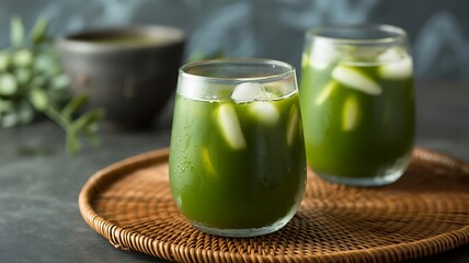 Refreshing iced matcha latte drink in two glasses with ice cubes on a wicker tray for a healthy beverage