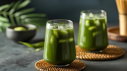 Refreshing iced matcha tea drinks with ice cubes served in elegant glasses on a textured surface and coasters