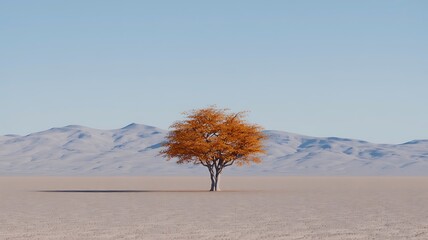 Scenic desert landscape featuring a single tree with orange autumn foliage and snowy mountains under a clear blue sky