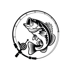 Dynamic largemouth bass leaping from water with fishing rod and reel emblem