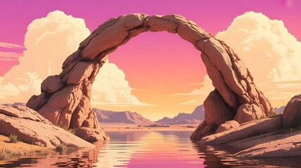 Scenic illustration of a natural archway formation reflected in tranquil water under a vibrant sunset sky.