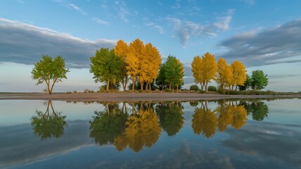 Scenic landscape photograph capturing a group of colorful trees reflected beautifully in tranquil water with a clear sky above.
