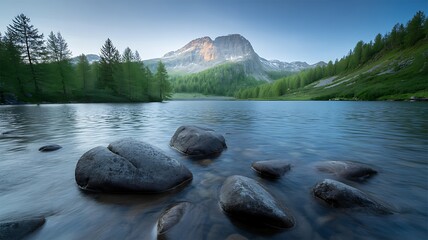 Scenic tranquil lake reflecting a majestic mountain landscape under a clear blue sky at sunrise
