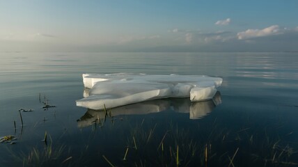 Scenic view of a floating ice chunk reflecting in calm water under a blue and cloudy sky