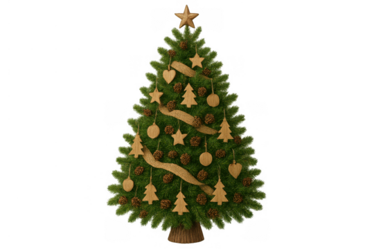 Christmas tree decorated with rustic wooden ornaments and pine cones on a transparent background - Powered by Adobe
