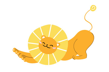 Colorful cartoon lion with bright mane stretching after sleep cheerful jungle animal illustration