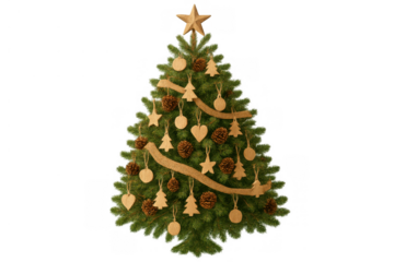 Christmas tree decorated with rustic wooden ornaments, pine cones, and burlap garland, creating a natural holiday theme