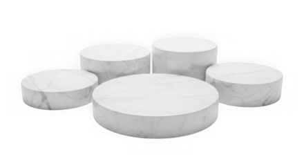 Five round white objects arranged in a cluster on a black background