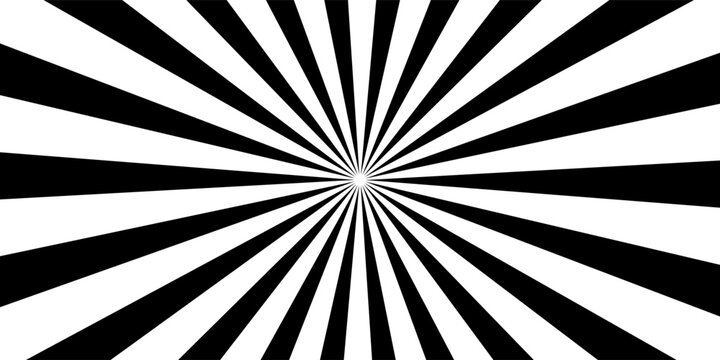 Sun ray light. Sun rays background. Radial burst. Sunburst black pattern isolated on white background. Beams line. Radiate sunlight. Comic effect texture. Retro pop art stripe. Vector illustration