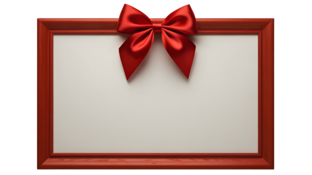 Red ribbon bow on a blank white certificate in a red frame isolated on transparent background