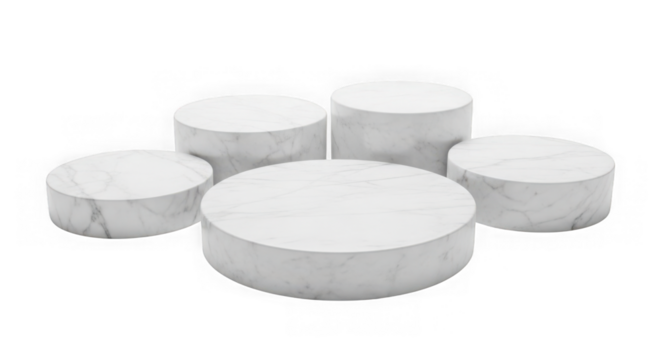 Five round white objects arranged in a cluster on a black background