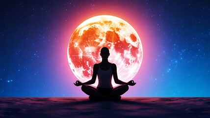 Silhouette of a woman meditating in a lotus position with a glowing red moon and starry night background