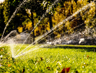 Lawn watering system and green grass