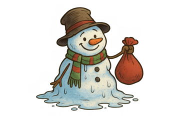 Melting snowman portraying climate change with a happy expression and holding a sack, transparent background