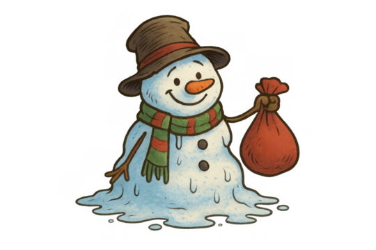 Melting snowman portraying climate change with a happy expression and holding a sack, transparent background - Powered by Adobe