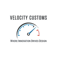 Velocity Customs Logo Featuring a Speedometer with Innovation and Design Slogan.