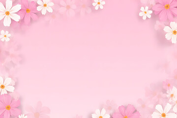 Pink and White Cosmos Flowers Border on Soft Pink Background floral