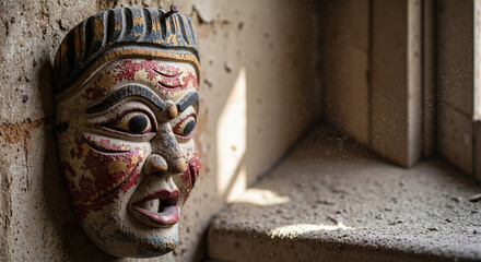 Hand-carved wooden mask with peeling paint hanging on nail in light  