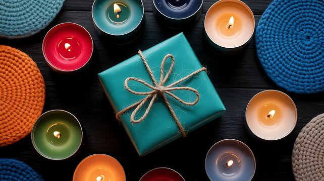 Teal gift box with a twine bow surrounded by lit tealight candles and colorful knitted coasters on a dark wood surface.