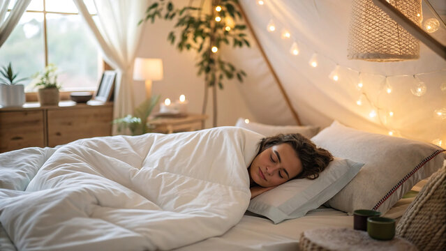 young woman lying on a bed