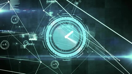 Glowing circle lighting up as clock interface rotating minute hand activating nodes streaming data - Powered by Adobe