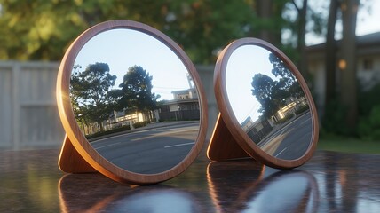 Two stylish round mirrors on a glossy surface reflecting a scenic street view with lush green trees and natural light