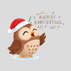 Adorable Christmas owl wearing Santa hat singing Merry Christmas with music notes isolated on transparent background
