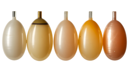 Five fishing floats in various colors isolated on transparent background