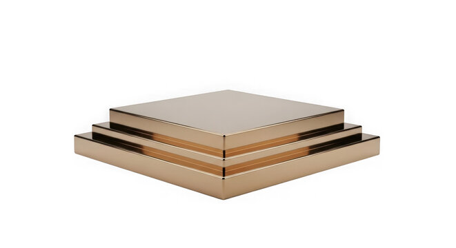 Golden geometric podium with three tiers on black background