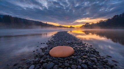 Tranquil river landscape with a stone path leading to the horizon under a cloudy sky and golden sunset light.