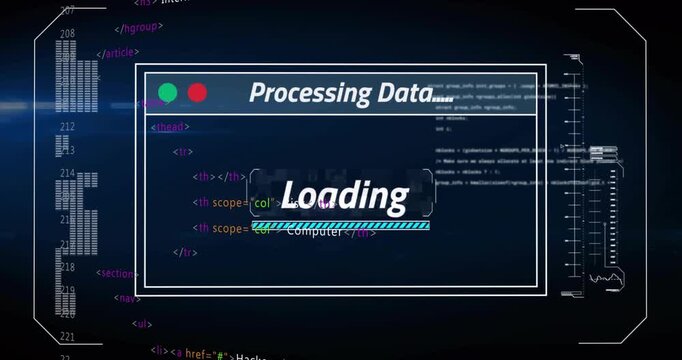 Code tags launching processing overlay sliding glitching shrinking toward edge completing process
