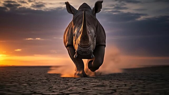 Powerful grey rhino charges across open terrain at dusk, dramatic speed and force
