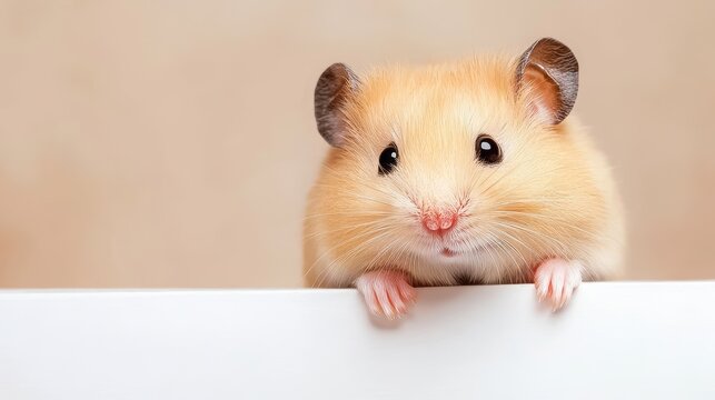 Cute golden hamster peeking over a white surface with soft background and adorable expression