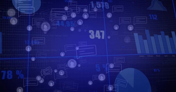 Grid activating icons and bubbles drifting diagonally, bar charts rising showing engagement trends